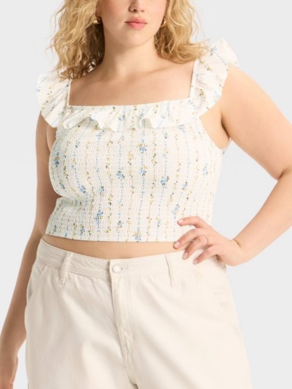 White Floral Smocked Off The Shoulder Crop Top